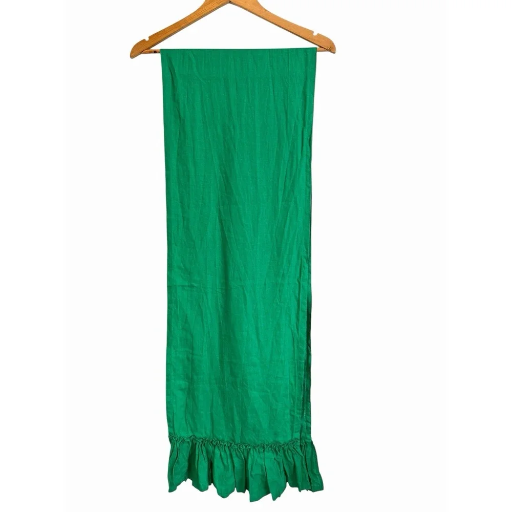D'Moksha Ruffled Flax Linen Table Runner Size 14x90 Green Farmhouse Chic Decor